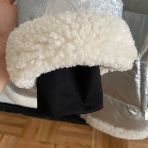 Sanctuary Silver Shine Down Puffer Jacket Cream Shearling Collar Trim Sz Small - Picture 12 of 15